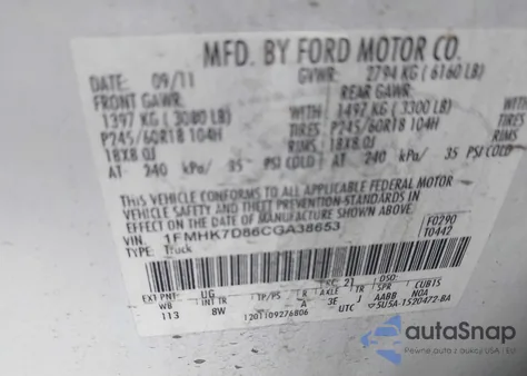 2012 Ford Explorer Xlt z USA, uszkodzony, nr VIN 1FMHK7D86CGA38653